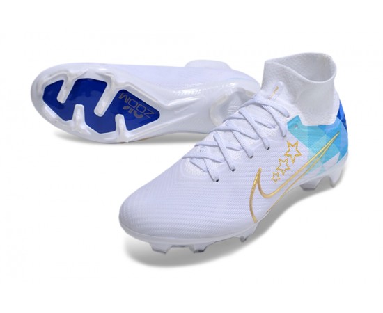 Nike Air Zoom Mercurial Superfly 9 Elite FG High Top Soccer Cleats White Blue For Men And Women