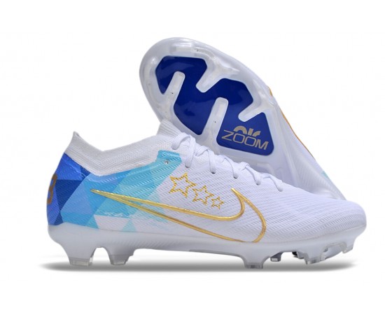 Nike Air Zoom Mercurial Vapor 15 Elite FG Low Soccer Cleats White Gold Blue For Men And Women