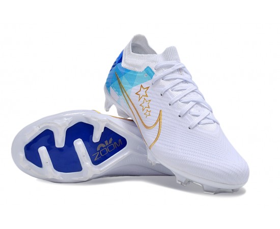 Nike Air Zoom Mercurial Vapor 15 Elite FG Low Soccer Cleats White Gold Blue For Men And Women