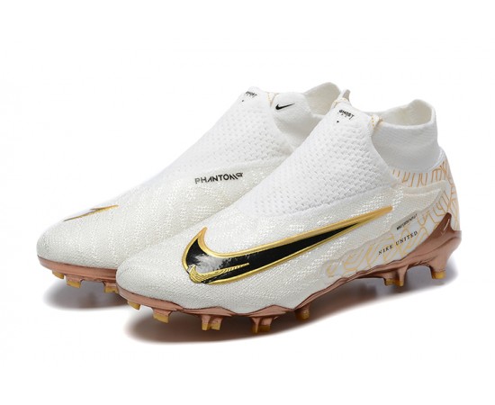 Nike Phantom GX Elite FG High Top Soccer Cleats White Gold Black For Men