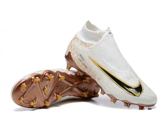 Nike Phantom GX Elite FG High Top Soccer Cleats White Gold Black For Men