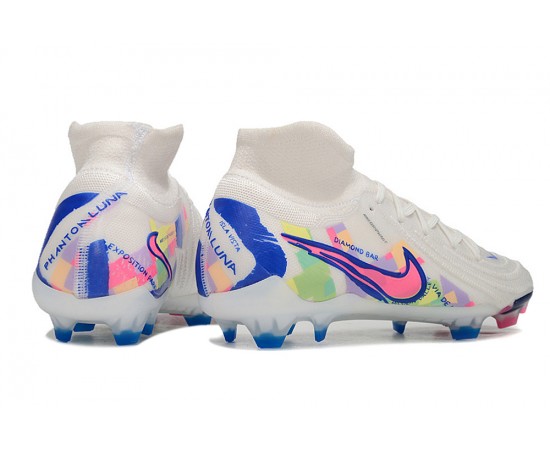 Nike Phantom Luna Elite NU FG White Blue Pink High Soccer Cleats For Men