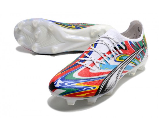 Puma Ultra Ultimate FG White Black Red Low Soccer Cleats For Men