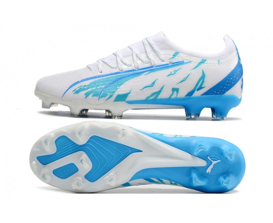 Puma Ultra Ultimate FG White Blue Low Soccer Cleats For Men