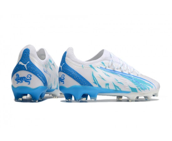 Puma Ultra Ultimate FG White Blue Low Soccer Cleats For Men