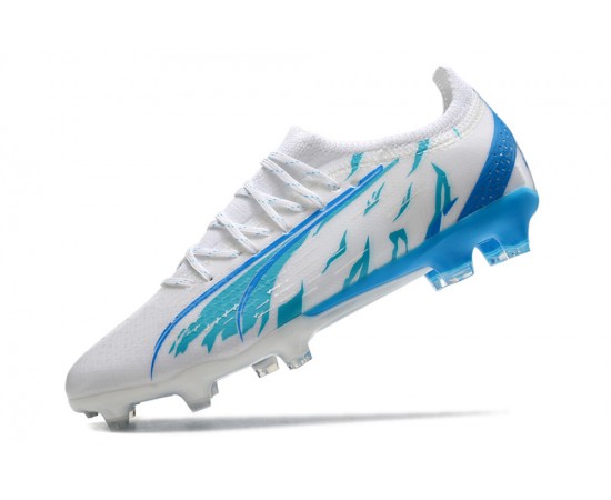 Puma Ultra Ultimate FG White Blue Low Soccer Cleats For Men