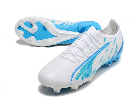 Puma Ultra Ultimate FG White Blue Low Soccer Cleats For Men